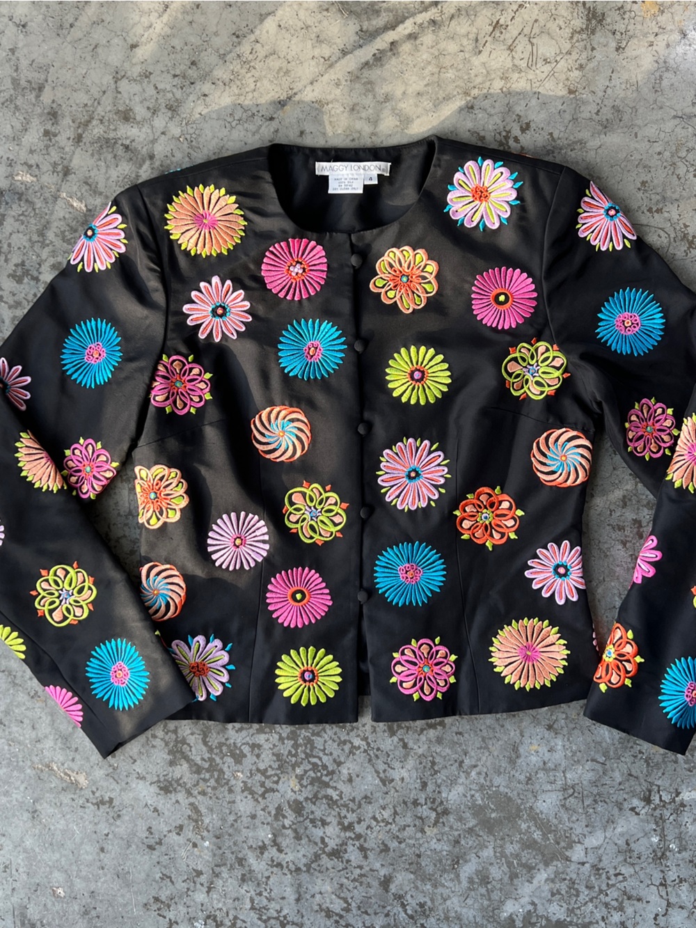 Maggy London Vintage 100% Silk Embroidered Floral Blazer Jacket Black Women's 4